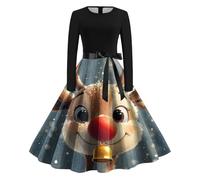 Robe Longue Noir Femmes Imprimé Noël Manches Longues Nœud Papillon Élégante Jupe Longue Col Rond Robe Robe de Plage 46, bleu foncé, XL