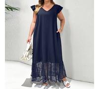 Robe longue noire élégante à manches longues avec insertion en dentelle pour femme ronde, printemps-été. Tenue d'été décontractée, d'été européen, pour vacances, brunch, croisière, style bohème, tenue