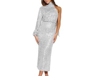 Robe Longue Noire Femme - Robe à Paillettes Solides pour Femmes Fermeture éClair Manches Longues éCharpe à Boutons Robe De SoiréE Fendue pour Cocktail Robe Noire Midi