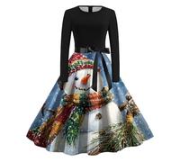 Robe longue noire pour femme imprimé Noël manches longues nœud élégant jupe longue col rond robe de plage 46, bleu, S