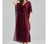 Robe longue pour femme, couleur unie, col en V, manches chauve-souris, élégante, décontractée, modeste, style européen sexy bohème, pour plage, vacances, tea party, bordeaux, été et automne L,M,S,XLUn