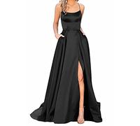 Robe longue, pour femme, élégante, en satin, avec dos nu, trapèze, fines bretelles croisées dans le dos, fente latérale, robe de bal de fin d’année, de mariage, de soirée, avec poches