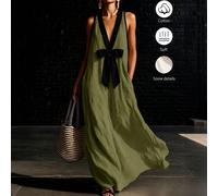 Robe longue pour femme, nouvelle collection printemps-été, vert armée blocs de couleurs, 100 % coton, coupe ample, col V, style décontracté vacances et fêtes, années 70-80, pour le quotidien, les traj