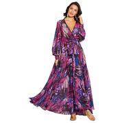 Robe longue pour femme, style bohème, fluide, élégante, avec col en V, pour mariage (Purple, S)