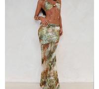 Robe longue pour femmes avec coupe poitrine, taille torsadée, découpes ajourées, décoration perlée, imprimé tie-dye, vert sauge, été, techno, rave, vacances, tenues de soirée L,M,S,XL,XS,XXL,XXS,XXXL,