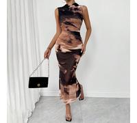 Robe longue près du corps sans manches avec taille froncée et effet tie-dye élégant pour femmes L,M,S,XLTie dye,Tout ImpriméTissu tricoté