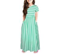 Robe longue rayée à manches courtes avec poches pour petite fille, col rond, jupe d'été décontractée, coupe trapèze, fête d'anniversaire, mariage, green-b, 6-7 ans