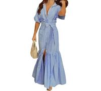 Robe Longue rayée pour Femme, Robe d'été décontractée, Chemise décontractée à Nouer à la Taille, Collection 2026, Bleu, Taille M
