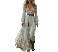 Robe Longue Retro Femmes à Col en V Manche Longue Robes en Mousseline de Soie Fluide Vintage Western Country Robe Décontractée d'automne Dress Fête Cocktail Party Taille Haute Robe Chic médiévale