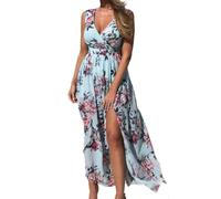 Robe Longue Robe Maxi avec Col en V et Dos Robe avec sans Manches à Epaules Froides Robe et Motifs Floraux Robe de Plage Bohème Décontractée Robe Femme Chic et élégant Robe (Blue, S)