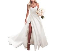 Robe longue sans bretelles à épaules dénudées en satin avec fente pour femme, ivoire, 40