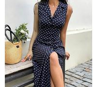Robe longue sans manches à col blazer, encolure en V, boutonnée, cintrée à la taille, imprimé à pois noirs pour femmes, printemps/été, vacances, élégante, saison des mariages, mode, trajet, bureau, en