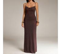 Robe longue sans manches à pois marron et blanc pour femmes, robe de mariée, robe de fête, robe d'invitée de vacances, robe rétro élégante des années 70 pour femmes, été, femmes grandes Tall XS,Tall S