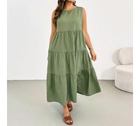 Robe longue sans manches en tissu texturé vert, style simple et décontracté, confortable et polyvalente pour tous les jours. Coupe ample et élégante pour les femmes grandes tailles. Idéale pour les va