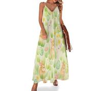 Robe longue sans manches style bohème décontracté pour femme, à bretelles spaghetti, avec adorables chatons orange et noirs et lapins mignons et œufs mangeurs. Robe hawaïenne à bretelles spaghetti.