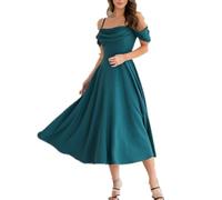 Robe longue sexy à épaules dénudées pour femme - Robe longue à volants - Fermeture éclair à l'arrière - Pour cocktail, fête, demoiselle d'honneur, bleu, L