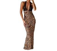 Robe longue sexy Y2K pour femme, coupe basse, dos nu, bretelles spaghetti, robe longue fendue, robe caraco, D-Imprimé léopard, L