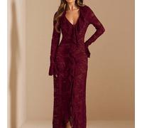Robe longue simple et élégante à manches longues, col V profond, volants, en dentelle blanche unie, style sexy et simple. Idéale pour les vacances d'été, le début du printemps, la Saint-Valentin, les 