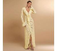 Robe longue simple et élégante à manches longues, col V profond, volants, en dentelle blanche unie, style sexy et simple. Idéale pour les vacances d'été, le début du printemps, la Saint-Valentin, les 