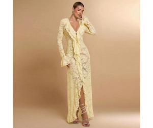Robe longue simple et élégante à manches longues, col V profond, volants, en dentelle blanche unie, style sexy et simple. Idéale pour les vacances d'été, le début du printemps, la Saint-Valentin, les 