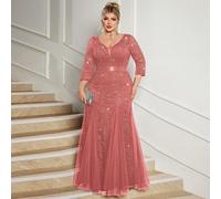 Robe longue sirène à col V profond avec sequins, dentelle florale et maille, grande taille. Convient pour invité de mariage, anniversaire, bal de promo, vacances, cérémonie de remise des diplômes, pri