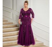 Robe longue sirène à col V profond avec sequins, dentelle florale et maille, grande taille. Convient pour les invités de mariage, anniversaire, bal de promo, vacances, cérémonie de remise des diplômes