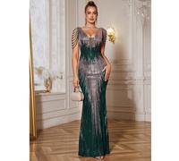 Robe longue sirène à sequins col V profond sans manches pour femme, convient pour les galas du soir, ornée de délicats détails perlés, tissu extensible pour un ajustement parfait. Mariage, fête, print