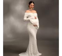 Robe longue sirène blanche en dentelle à épaules dénudées avec manches longues, élégante. Convient pour le mariage, les fêtes, la baby shower, les séances photo de grossesse, le baptême L,M,S,XL,XS,XX