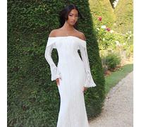 Robe longue sirène blanche en dentelle à épaules dénudées avec manches longues, élégante. Convient pour le mariage, les fêtes, les robes de demoiselle d'honneur, la robe de graduation blanche L,M,S,XL