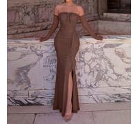 Robe longue sirène élégante sans bretelles pour femmes, design à manches longues, détails élégants de volants et de plis, avec tissu en maille baleinée, robe de soirée formelle pour mariage et fête L,