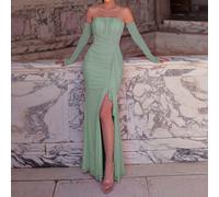 Robe longue sirène élégante sans bretelles pour femmes, design à manches longues, détails élégants de volants et de plis, tissu tulle baleiné, robe de soirée formelle pour mariage et fête L,M,SUnicolo