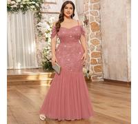 Robe longue sirène grande taille à épaules dénudées, sequins, dentelle florale, maille contrastante et volants, convient pour invitée de mariage, cérémonie de remise des diplômes, vacances, bal de ret