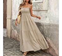 Robe longue texturée jaune à taille ajustée, avec volants et bretelles spaghetti, style français, pour les vacances, printemps/été L,M,S,XL,XSUnicoloreTissu tissé