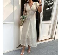 Robe longue tissée élégante à la française pour femmes, blanc crème, pour mariage d'été et vacances L,M,S,XLUnicoloreTissu tissé