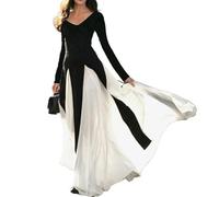 Robe longue trapèze plissée à col en V et manches longues avec ourlet contrasté de couleurs pour femme - Robe trapèze élégante et fluide en patchwork pour cocktail et soirée, Noir , L