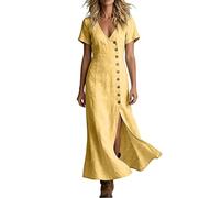 Robe Longue Uni en Coton Lin Col V Manches Courtes Boutonnée Devant avec Fente, Vêtement Fluide Servant de par-Dessus pour Vos Moments au Bord de l'eau en Saison Chaude
