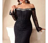 Robe longue vintage en dentelle florale avec garniture de perles, épaules dénudées, manches longues évasées, queue de sirène, grande taille, ornementation lourde, robe de soirée noire pour fête 1XL,2X