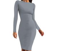 Robe Manches Longues pour Femme - Robe Crayon Basique Printemps-Automne Tenue De Soirée Sexy Moulante Col Rond Mi-Longue Couleur Unie Style Coréen Streetwear Gris 3XL