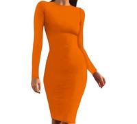 Robe Manches Longues pour Femme - Robe Crayon Basique Printemps-Automne Tenue De Soirée Sexy Slim Col Rond Mi-Longue Couleur Unie Style Coréen Streetwear Jaune S
