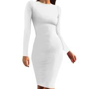 Robe Manches Longues pour Femme - Robe Crayon Basique Printemps-Automne Tenue De Soirée Sexy Slim Col Rond Mi-Longue Couleur Unie Style Coréen Blanc S