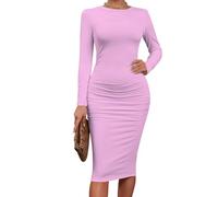 Robe Manches Longues pour Femme - Robe Crayon Mi-Longue Coupe Ajustée Col Rond Style Coréen Printemps-Été Coupe Trapèze Mi-Longue Couleur Unie Grande Taille Rose 3XL