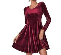 Robe Manches Longues pour Femme - Robe De Soirée en Velours Style Coréen Taille Haute Col Rond Grande Taille Couleur Unie Coupe Trapèze Rouge XXL