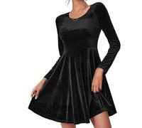 Robe Manches Longues pour Femme - Robe De Soirée en Velours Style Coréen Taille Haute Col Rond Grande Taille Couleur Unie Coupe Trapèze Grande Taille Noir XL