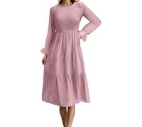 Robe Manches Longues pour Femme - Robe De Style Coréen À Col Rond Et Couleur Unie Taille Haute Coupe Trapèze Mi-Longue Grande Taille Coupe Ample Printemps-Automne Rose XL