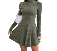 Robe Manches Longues pour Femme - Robe Plissée Moulante À Col Rond Et Taille Haute Couleur Unie Style Coréen Collection Printemps-Automne Vert XL