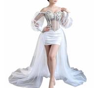 Robe Mariage Courte Fourreau Volant Tulles Haute-Bas Broderie Perles | Jupe en tulle asymétrique avec broderie perlée sur le corsage