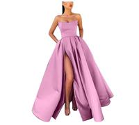 Robe Mariage Invitée Femme en Satin Élégante Chic Dos Nu A-Ligne Fendue Spaghetti Sangle Couleur Unie Swing pour Bal Mariage Sexy Cocktail Robe de Soirée Longue Party Dress