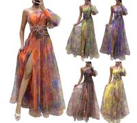 Robe Mariage Invitée Femme Ete Cocktail Fleurie Maille Robe Femme Chic Et Elegant Mariage De Cérémonie Boheme Vetement Ete sans Manches Fluide Portefeuille Pas Cher Summer Dress(Orange,S)