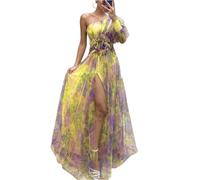 Robe Mariage Invitée Femme Ete Dentelle Fluide Maille Robe Femme Chic Et Elegant Mariage Boheme Fleurie Vetement Ete sans Manches De Cérémonie Portefeuille Élégante Summer Dress(Jaune,L)