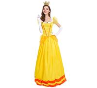 Robe Mario Princess Peach pour Femme, Elsa Princesse Robe/Deguisement de La Belle et La /Cape à Capuche Costume Cosplay Mariage Carnaval Fête d'halloween Tenues avec Couronne Gants Jaune Medium